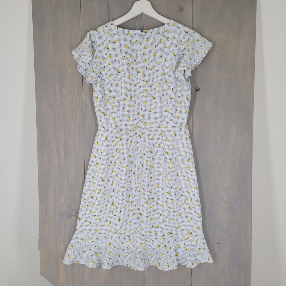 LOFT Wrap Dress Womens 0 Blue Gingham Yellow Floral Flutter Sleeve Ruffle NEW - Picture 2 of 10
